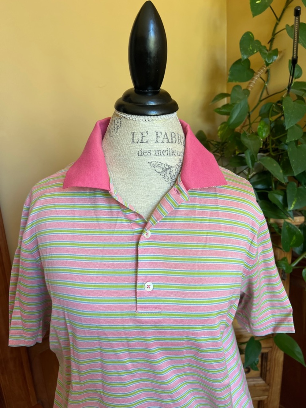 Bobby Jone’s Men's Pink Green Striped Polo Shirt Golf Medium Cotton